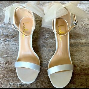 Lulus Ayanna Ivory Satin Bow Ankle Strap High Heel Sandals